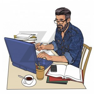 وکتور نویسنده مرد درحال کار با کامپیوتر روی میز مطالعه