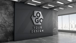 موکاپ لوگو سه بعدی دیوار سیاه طرح دفتر شیشه ای مدرن