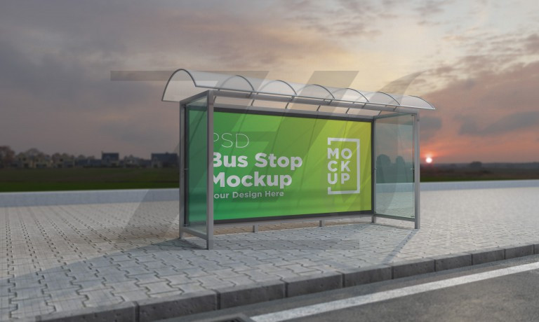 فایل لایه باز موکاپ بیلبورد ایستگاه اتوبوس رنگ سبز طرح سه بعدی