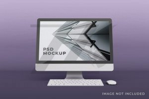 فایل لایه باز موکاپ صفحه نمایش کامپیوتر رنگ روشن با پس زمینه بنفش