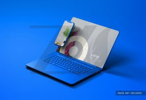 فایل لایه باز موکاپ صفحه نمایش لپ تاپ و گوشی موبایل با پس زمینه رنگ آبی