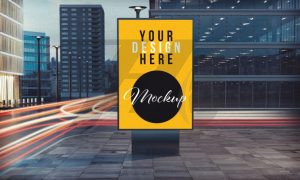 فایل لایه باز موکاپ پوستر تجاری ایستگاه اتوبوس مرکز شهر رنگ زرد
