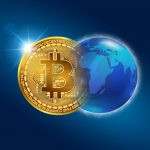 وکتور ارز دیجیتال بیت کوین طرح کره زمین رنگ طلایی با پس زمینه آبی وکتور ارز دیجیتال بیت کوین طرح کره زمین رنگ طلایی با پس زمینه آبی