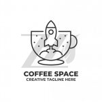 لوگو خطی کافه فضایی طرح فنجان و فضاپیما