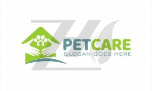 لوگو طرح مراقبت از حیوانات خانگی رنگ سبز و آبی با پس زمینه سفید