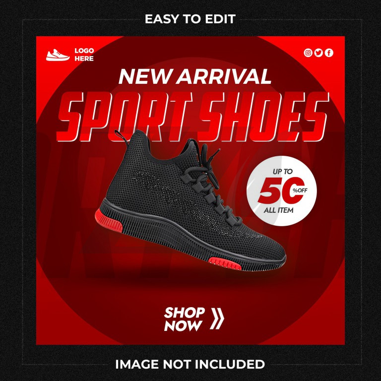 قالب پست اینستاگرام فروشگاه کفش اسپرت با پس زمینه قرمز