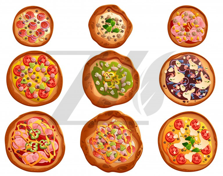 وکتور ست پیتزا با تاپینگ های مختلف پایه گرد