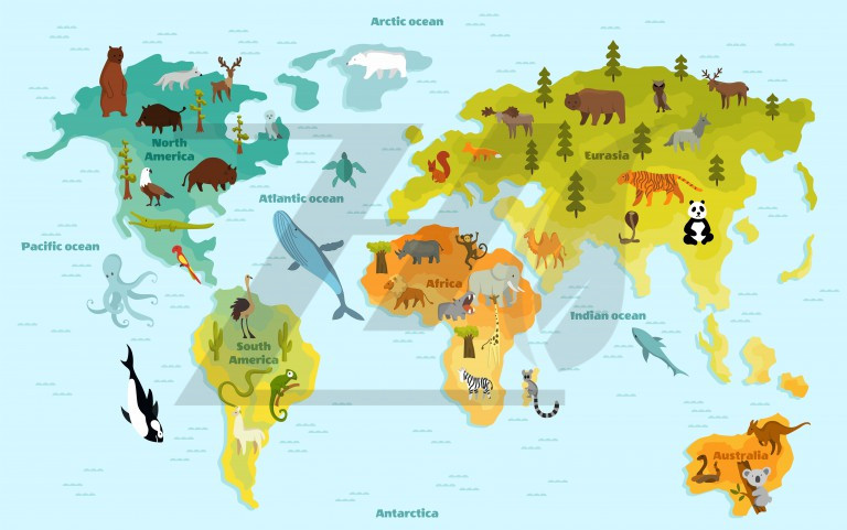 نقشه دنیا طرح کارتونی و حیوانات با قاره ها