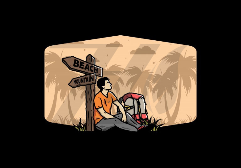 وکتور مرد نشسته زمین کنار راه علامت ساحل تصویر کوهستان