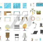 وکتور ست عناصر اداری میز و صندلی ،پنجره