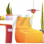 مجموعه کارتونی فضای داخلی دفتر کار مشترک با میز و صندلی، لپ تاپ ،گیاهان