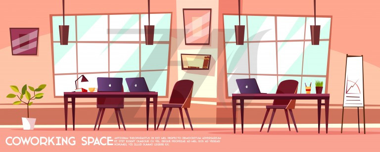 وکتور طرح کارتونی اتاق اداری با میز و صندلی پنجره های بزرگ