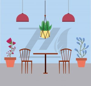 وکتور کارتونی اتاق طرح گیاهان آپارتمانی داخل گلدان و میز و صندلی