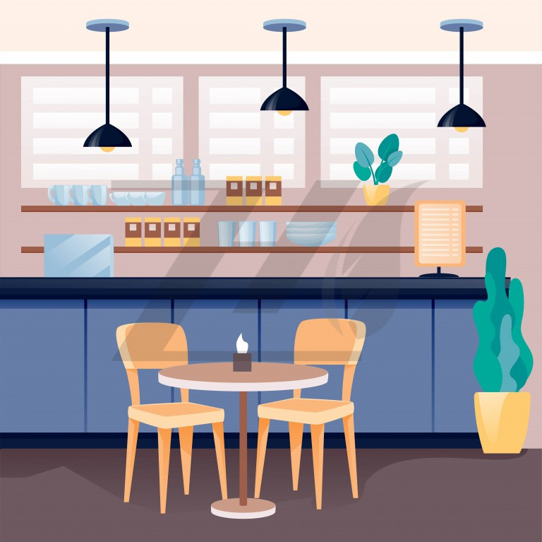 وکتور طراحی داخلی کافه مدرن دنج با پیشخوان قهوه و قفسه ها با فنجان و بشقاب