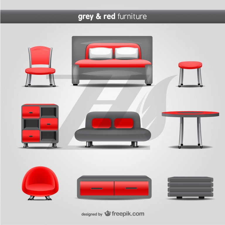 وکتور میز و مبلمان قرمز و خاکستری