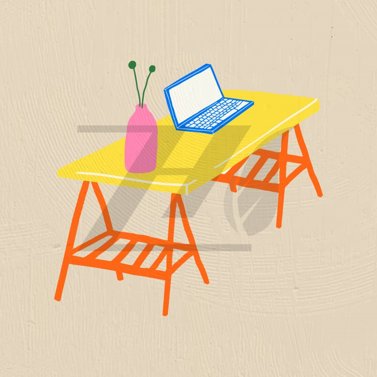 وکتور طراحی شده میز کار با لپ تاپ سبک گرافیکی رنگارنگ
