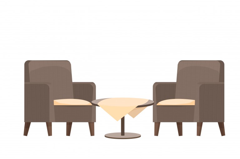 وکتور دو صندلی راحتی و میز گرد چوبی با رومیزی به سبک کارتونی