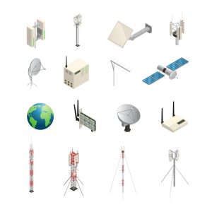 وکتور تنظیم نمادهای ایزومتریک تجهیزات ارتباطی بی سیم مانند Towers آنتن های ماهواره ای روتر O