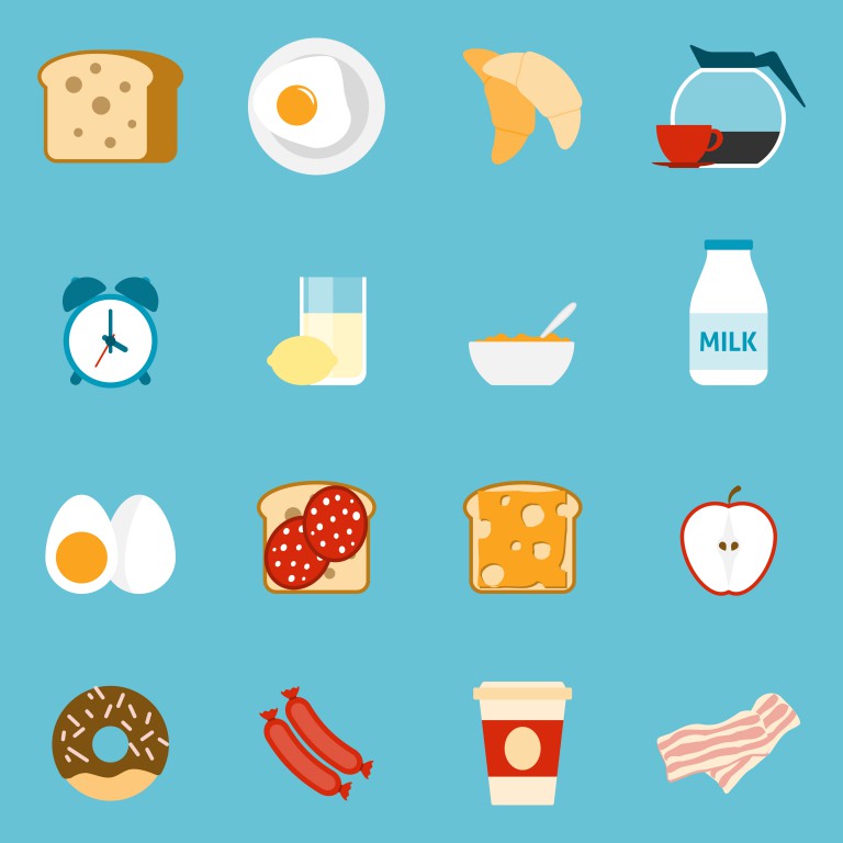 مجموعه 16 عددی آیکون طرح غذا و خوراکی های مختلف با پس زمینه رنگ آبی
