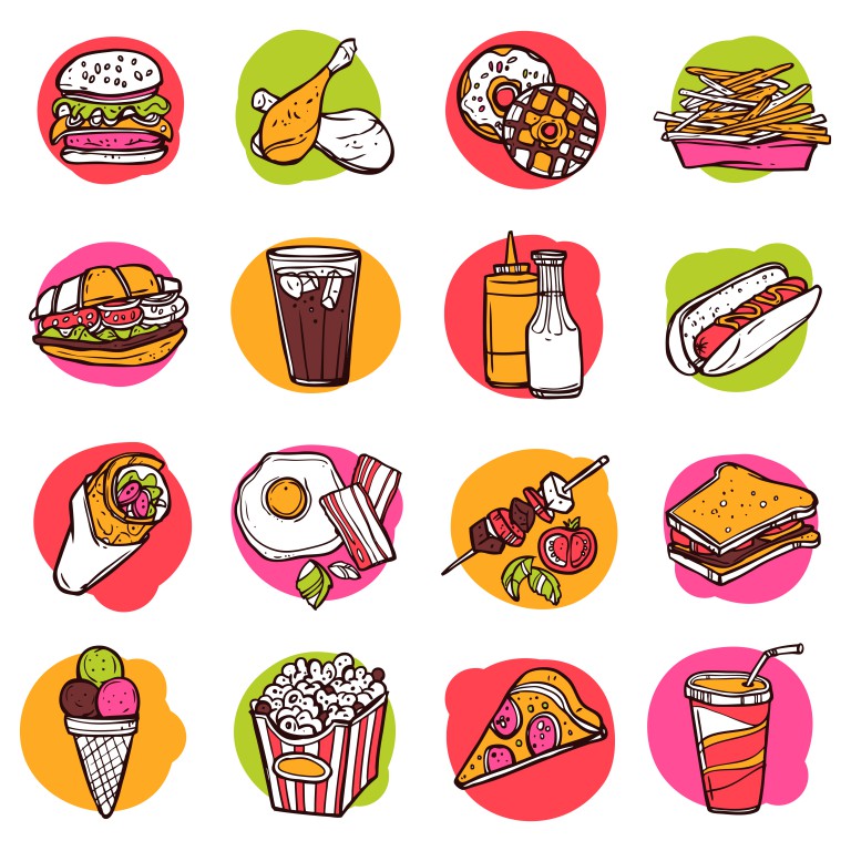 مجموعه 16 عددی آیکون طرح غذا های مختلف با پس زمینه های جدا شده مختلف