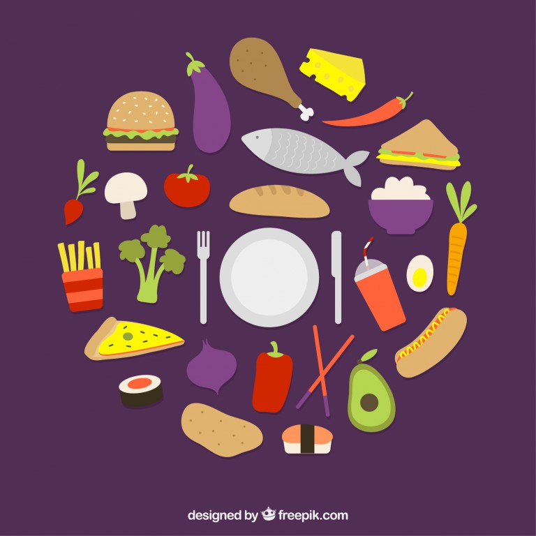 وکتور غذا و خوراکی های مختلف با پس زمینه رنگ تیره