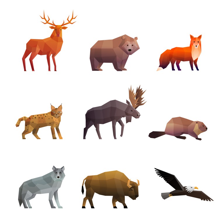 مجموعه 9 عددی آیکون طرح حیوانات مختلف سبک چند ضلعی