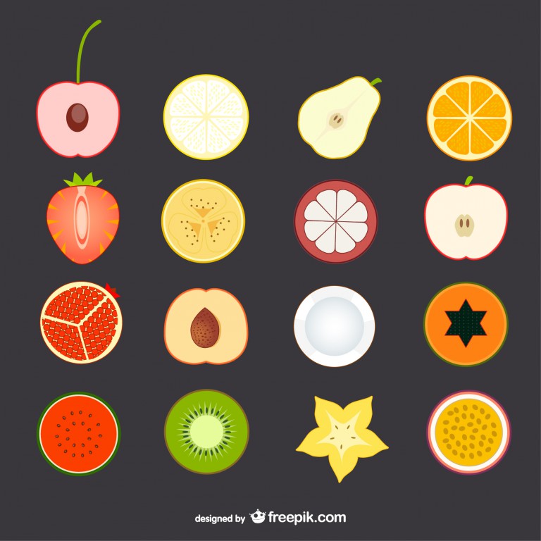 مجموعه 16 عددی آیکون طرح میوه جات مختلف با پس زمینه رنگ تیره