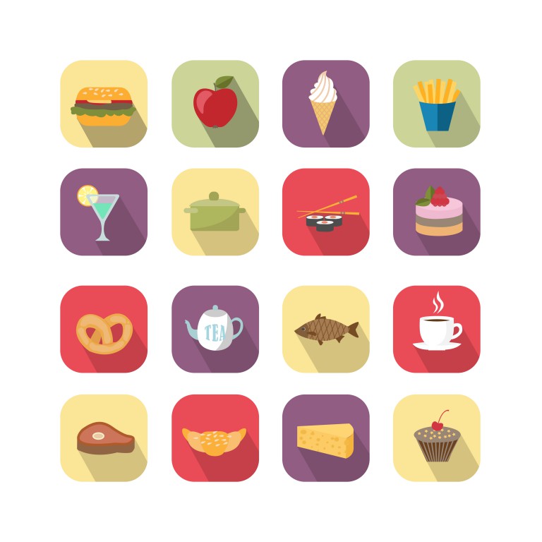 مجموعه 16 عددی وکتور طرح خوراکی های مختلف با پس زمینه های جدا شده