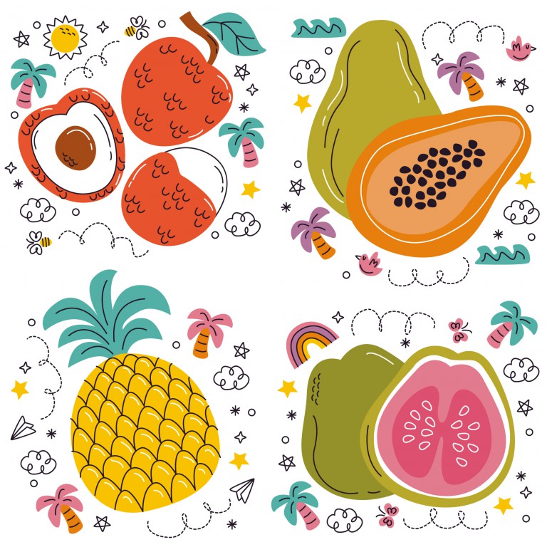 وکتور مجموعه میوه های مختلف به سبک کارتونی