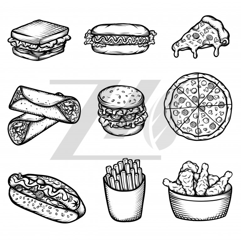 مجموعه 9 عددی وکتور طرح غذا سیاه و سفید