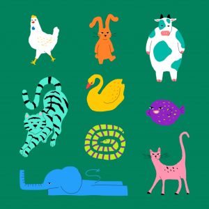 مجموعه 9 عددی وکتور طرح حیوانات مختلف با پس زمینه رنگ سبز
