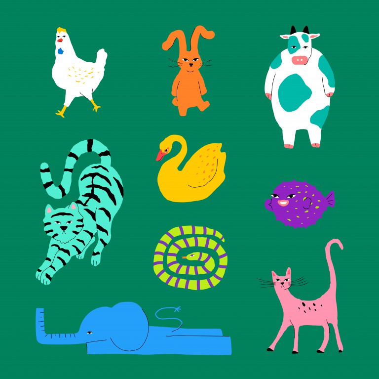 مجموعه 9 عددی وکتور طرح حیوانات مختلف با پس زمینه رنگ سبز