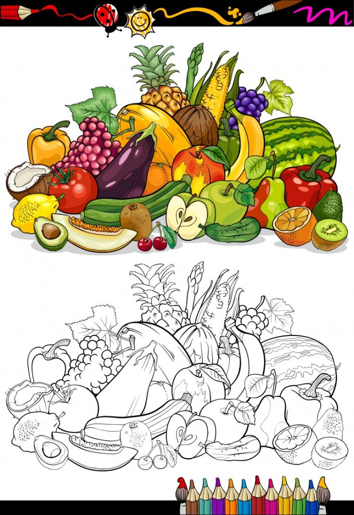 وکتور طرح کتاب رنگ آمیزی شده طرح میوه ها و سبزیجات