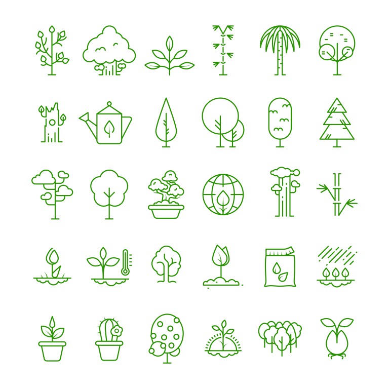 مجموعه 30 عددی آیکون طرح درختان مختلف رنگ سبز