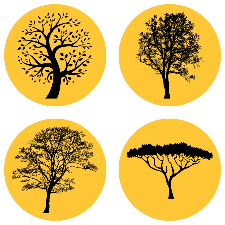 مجموعه 4 عددی وکتور درختان سیلوئت با پس زمینه های دایره ای جدا شده رنگ زرد