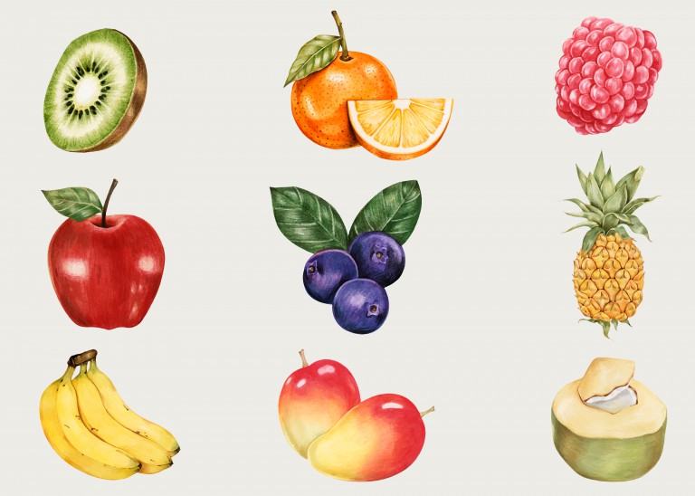 مجموعه 9 عددی وکتور میوه های مختلف با پس زمینه رنگ روشن