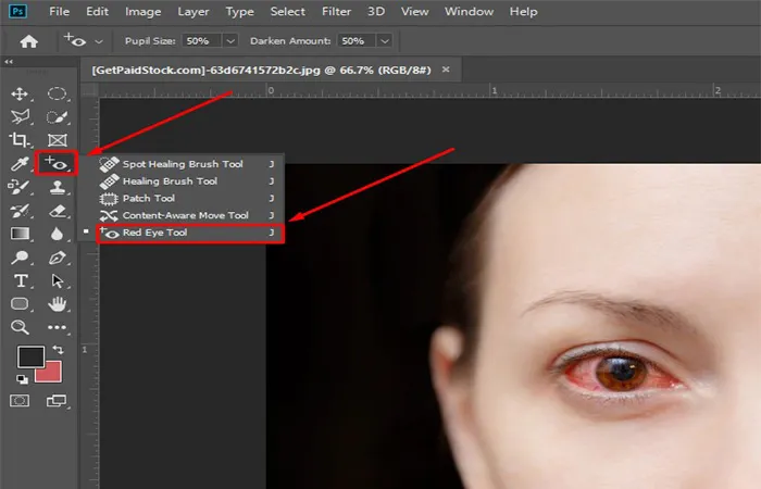 آموزش برطرف کردن قرمزی چشم در فتوشاپ