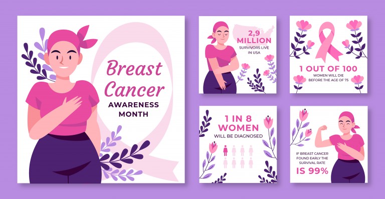 وکتور مجموعه پست‌های اینستاگرام ماه آگاهی از سرطان سینه
