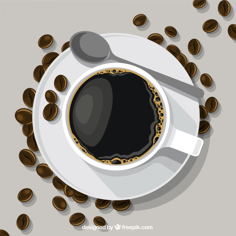 وکتور فنجان و دانه قهوه از نمای بالا