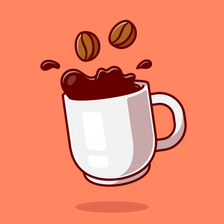 وکتور تصویر کارتونی قهوه شناور با دانه‌ها