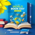 فایل لایه باز پوستر روز جهانی کتاب با پس زمینه آبی