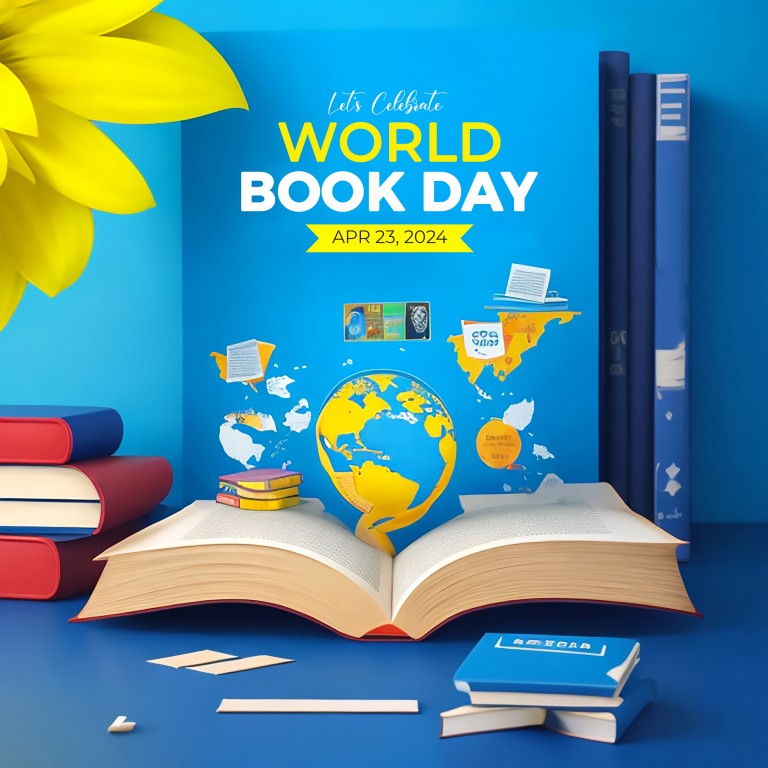 فایل لایه باز پوستر روز جهانی کتاب با پس زمینه آبی