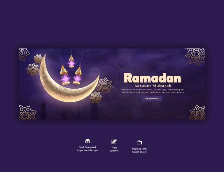 فایل لایه باز بنر افقی ماه رمضان در شبکه‌های اجتماعی پس زمینه تیره