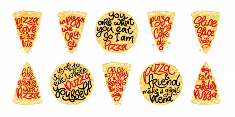 مجموعه وکتورهای برش‌های پیتزا با نقل قول خنده‌دار