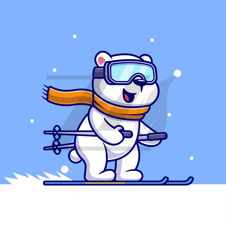 وکتور کارتونی خرس قطبی درحال اسکی روی یخ