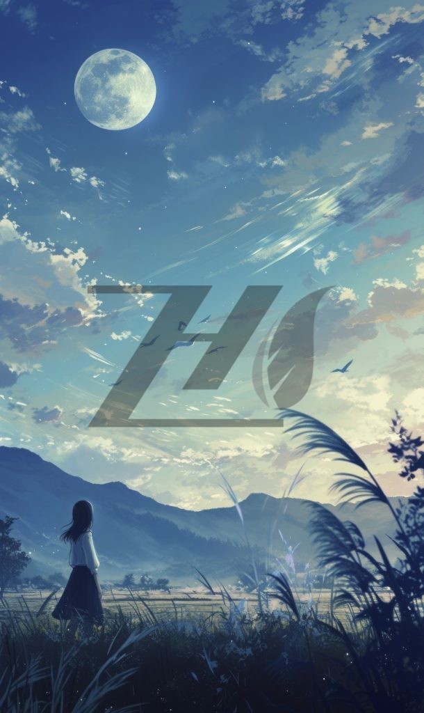 والپیپر گوشی منظره دختر زیر نور ماه سبک انیمه