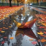 والپیپر قایق کاغذی و برگ‌های رنگارنگ پاییزی در آب