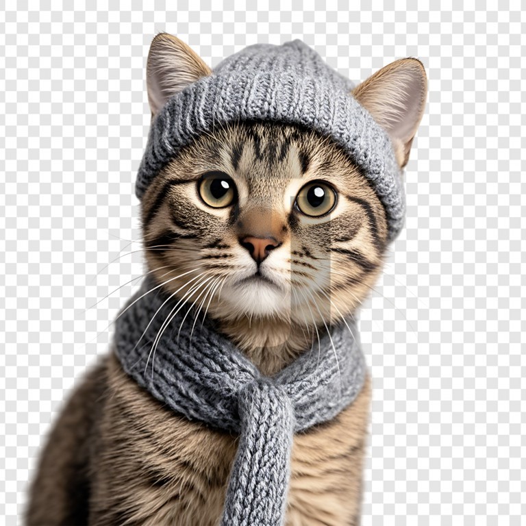 فایل لایه باز گربه با کلاه و شال گردن بافتنی
