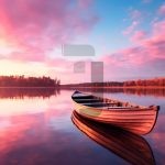 عکس قایق کوچک در آب هنگام طلوع