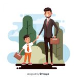 وکتور تصویر پسربچه به همراه پدر در راه مدرسه